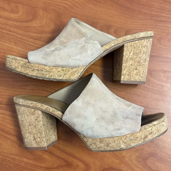 Vince Wyatt Platform Sandal Slides Cork Heel Size 11 Oatmeal Beige Suede Leather - Picture 4 of 13